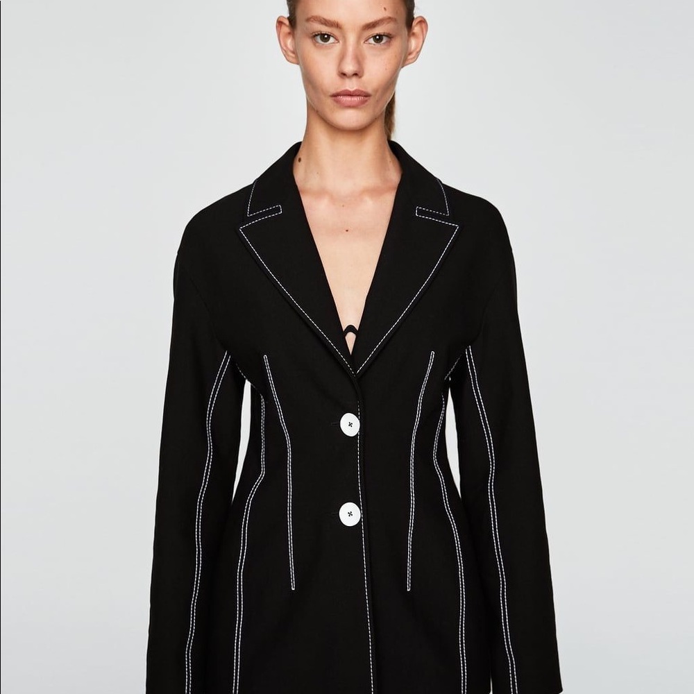 Zara Black Contrast Top Stitch Blazer
